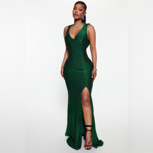Fashion nova emerald green sparkly Reese maxi gown cowl back  evening dress M - Picture 1 of 2